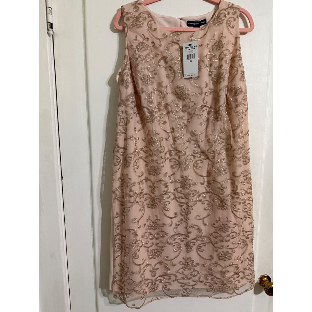 American Living Womens 16W Dress Pink Gold Metallic Embroidered Mesh Sheath NWT